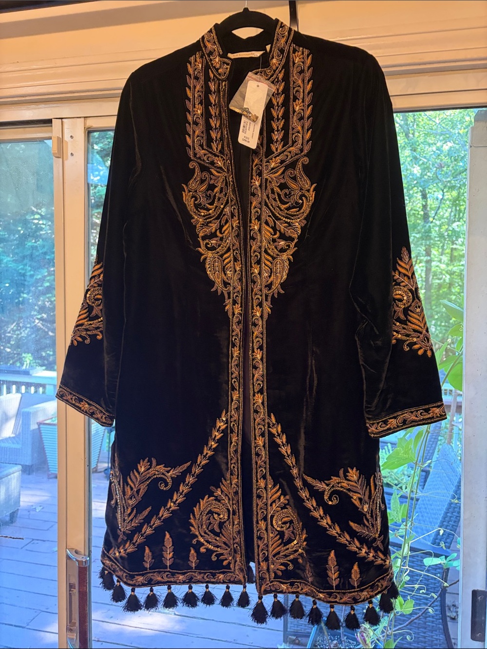 Soft Surroundings Black Velvet Long Embroidered Jacket with Gold Trim